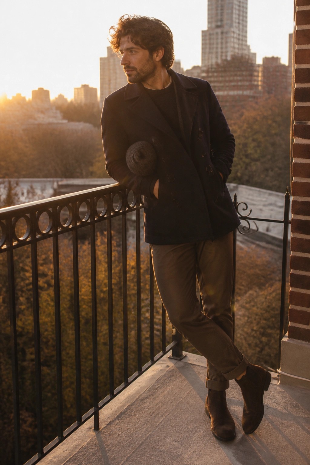 Man in navy peacoat and brown pants holding hat on city balcony at sunset