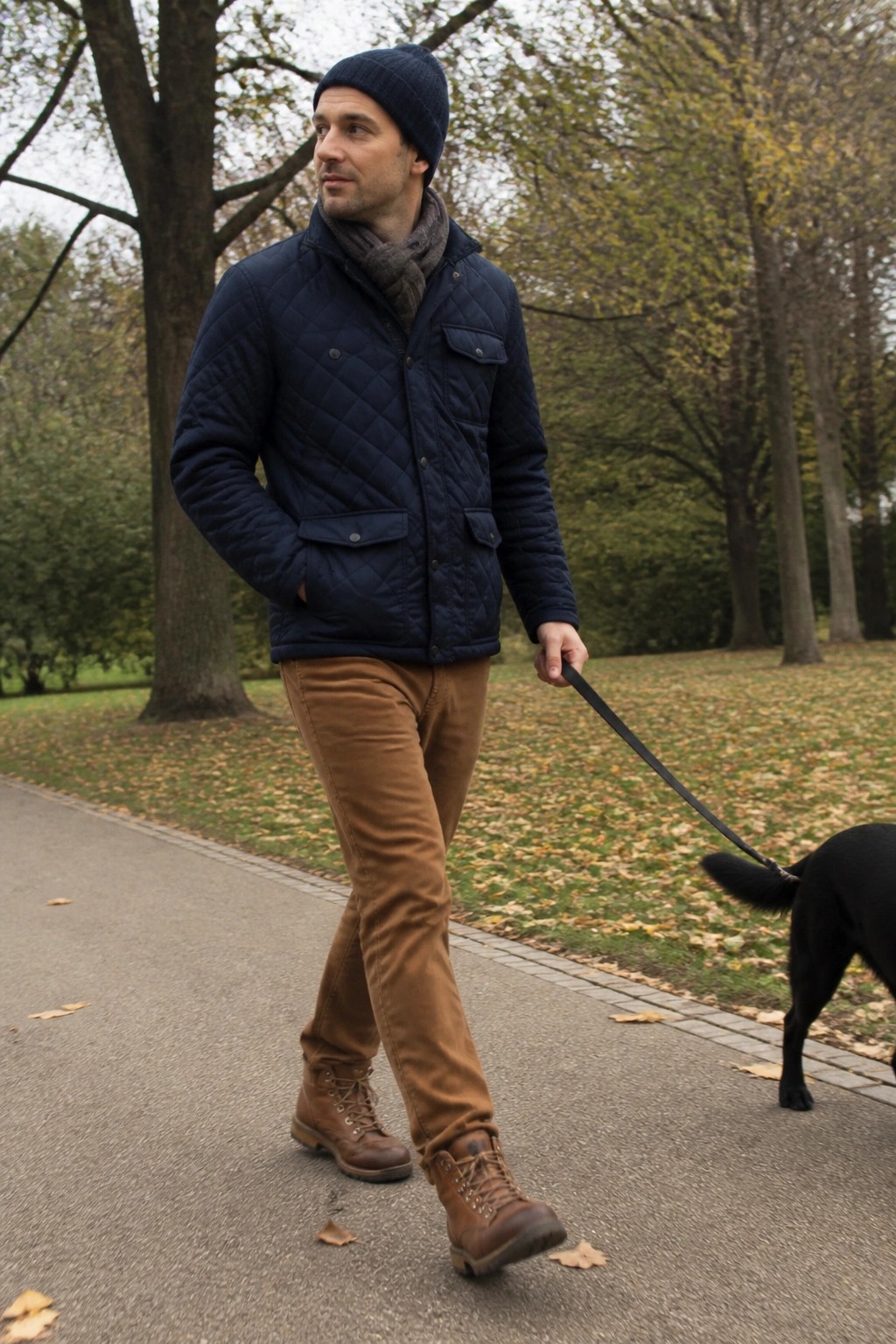 Man in navy quilted jacket and beanie walks black dog on autumn park path