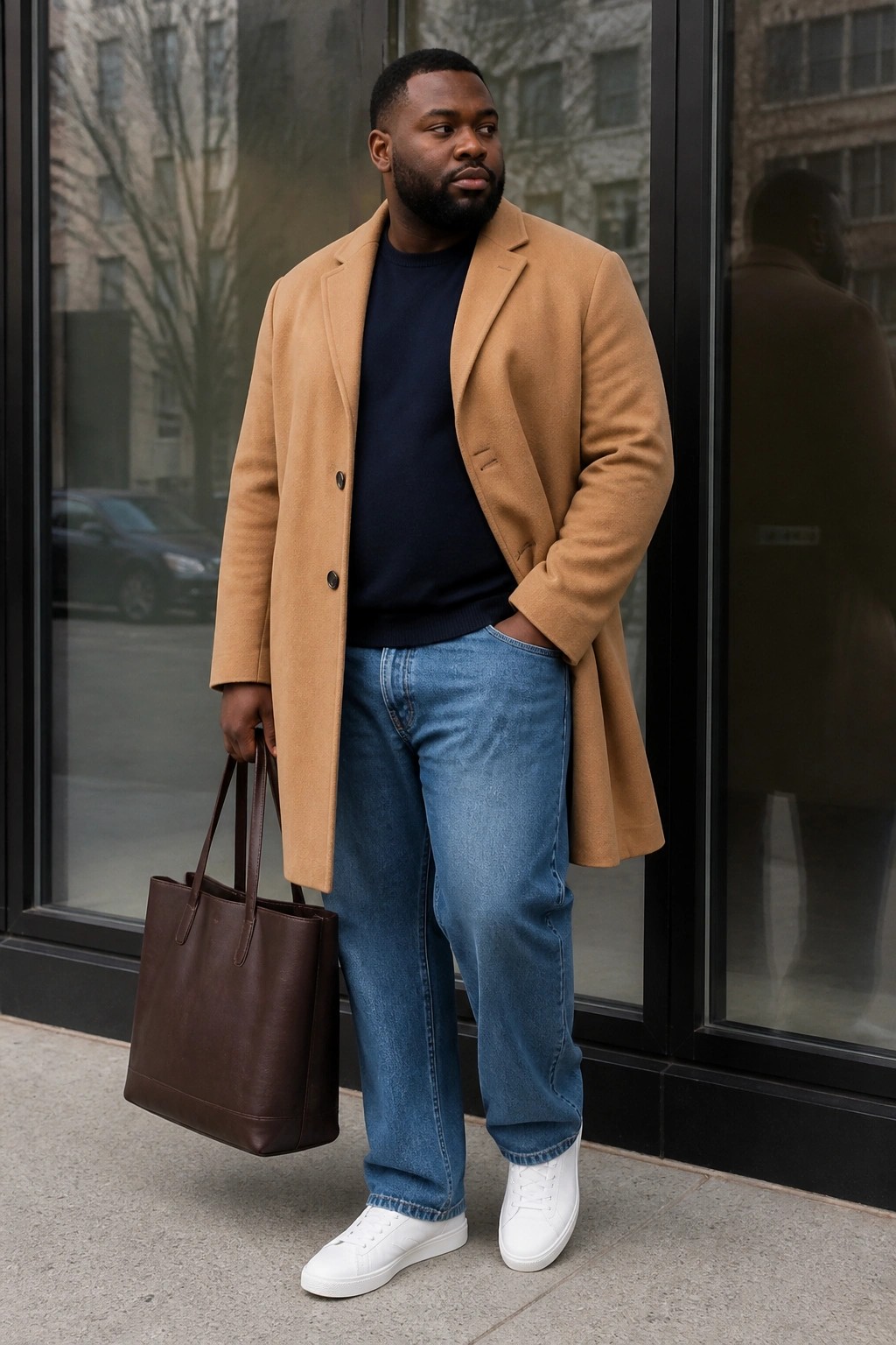 Man in tan overcoat and jeans holding brown leather tote on sidewalk.