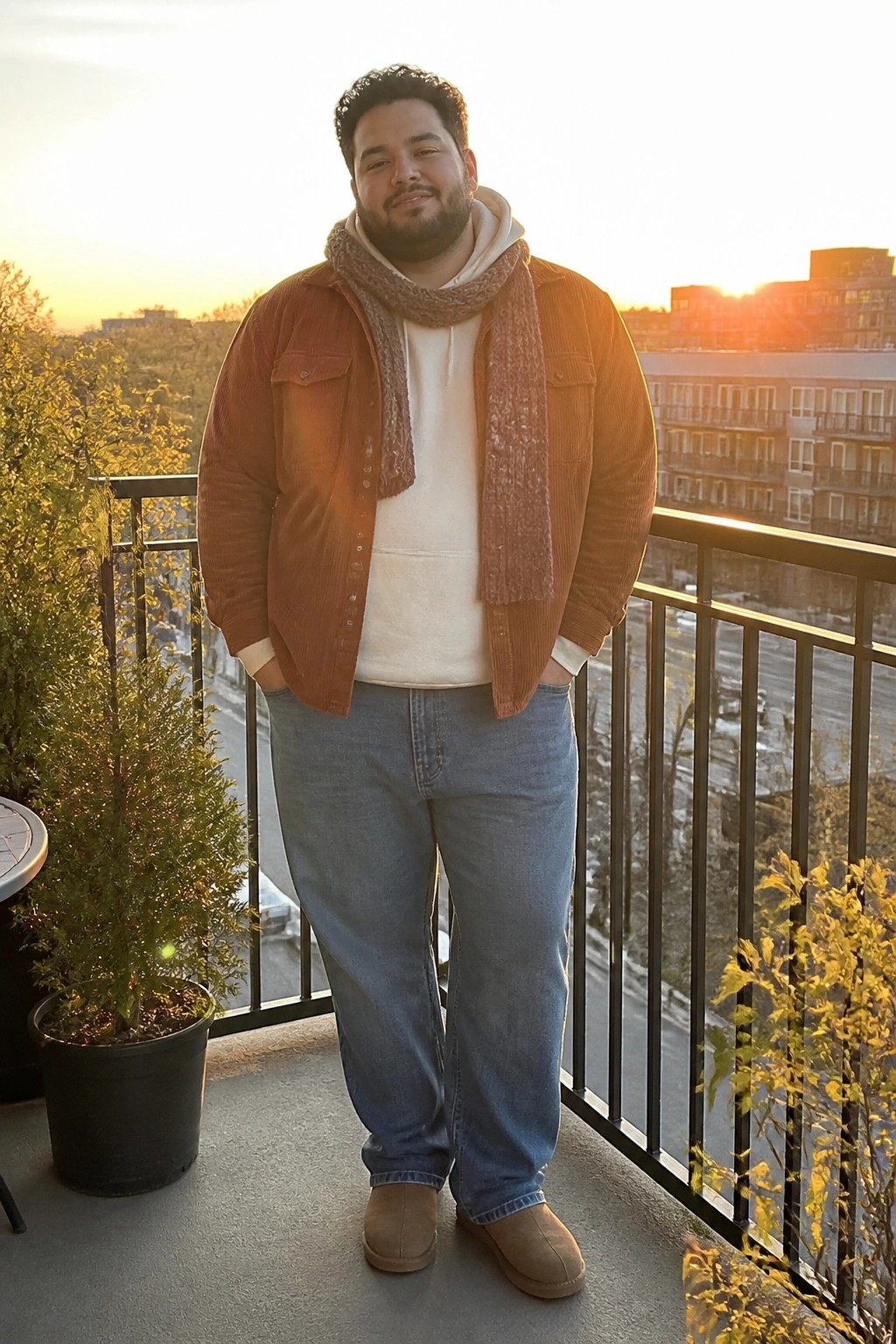 Man in rust corduroy jacket and scarf on urban balcony at sunset