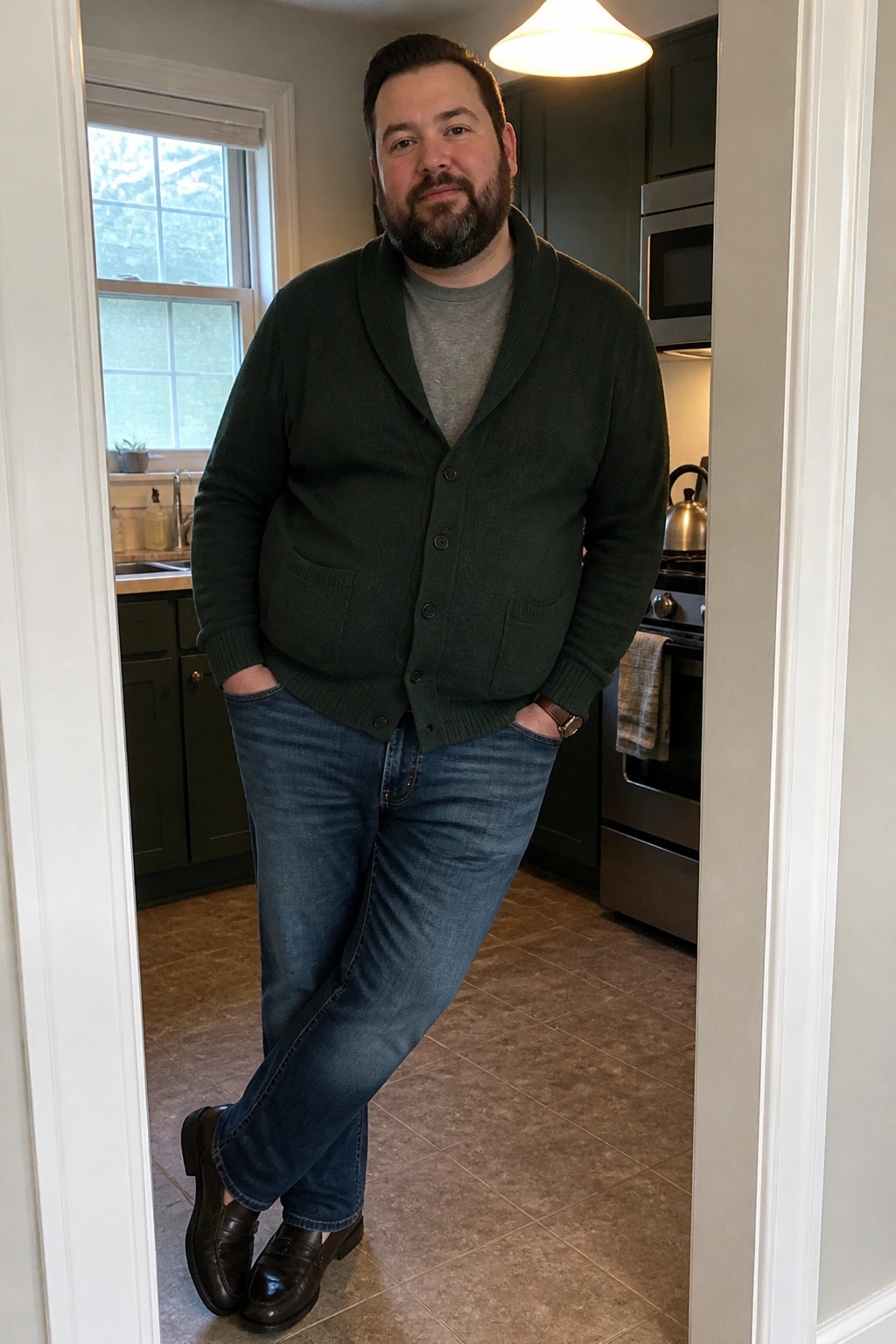 Bearded man in green cardigan and blue jeans stands in kitchen doorway with hands in pockets.