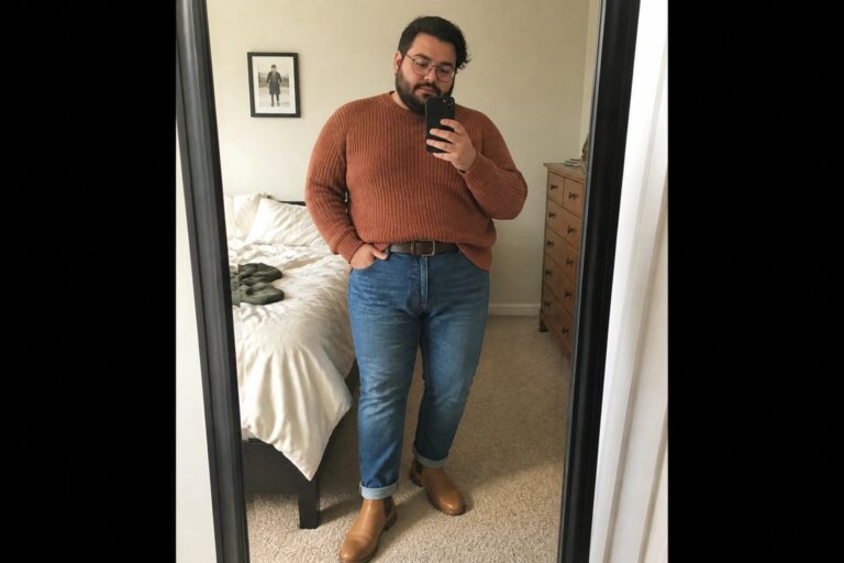 Bearded man in rust sweater and cuffed jeans taking mirror selfie.