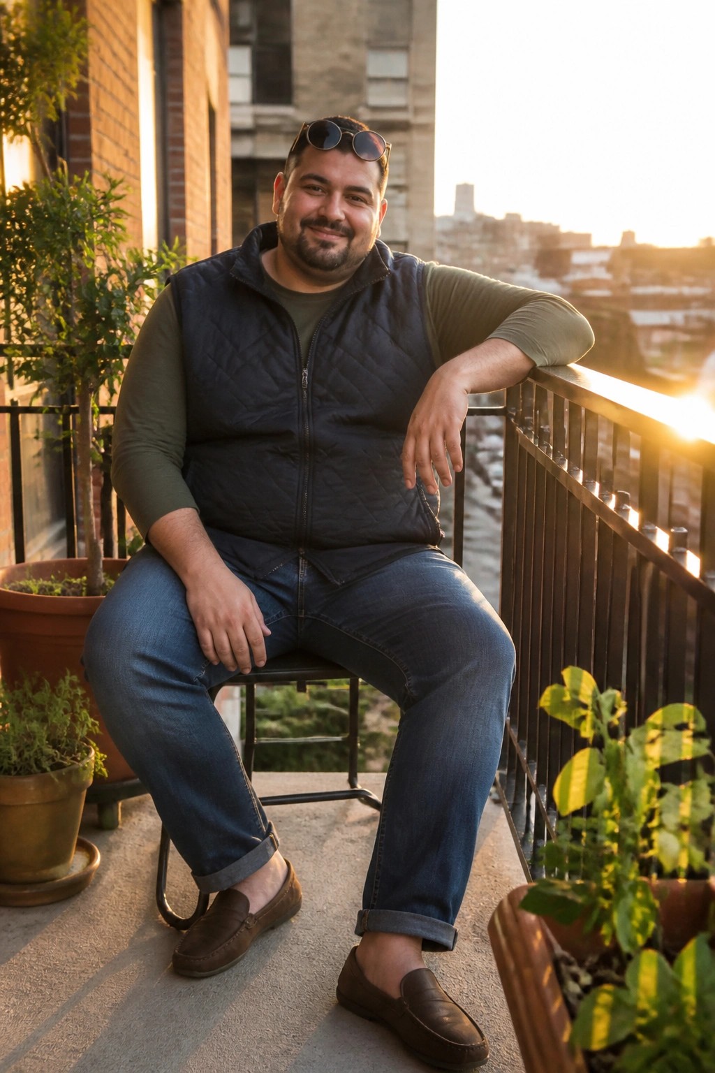 Bearded man in quilted vest and jeans seated on urban balcony at sunset