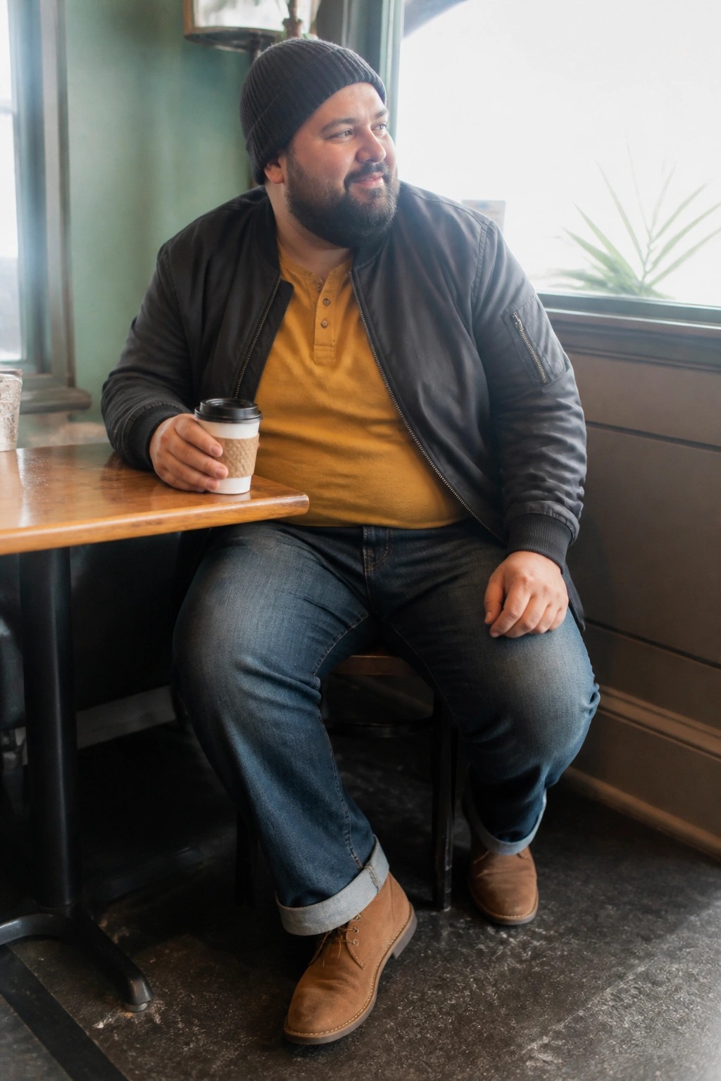 Bearded man in black beanie and bomber jacket holds coffee at cafe table