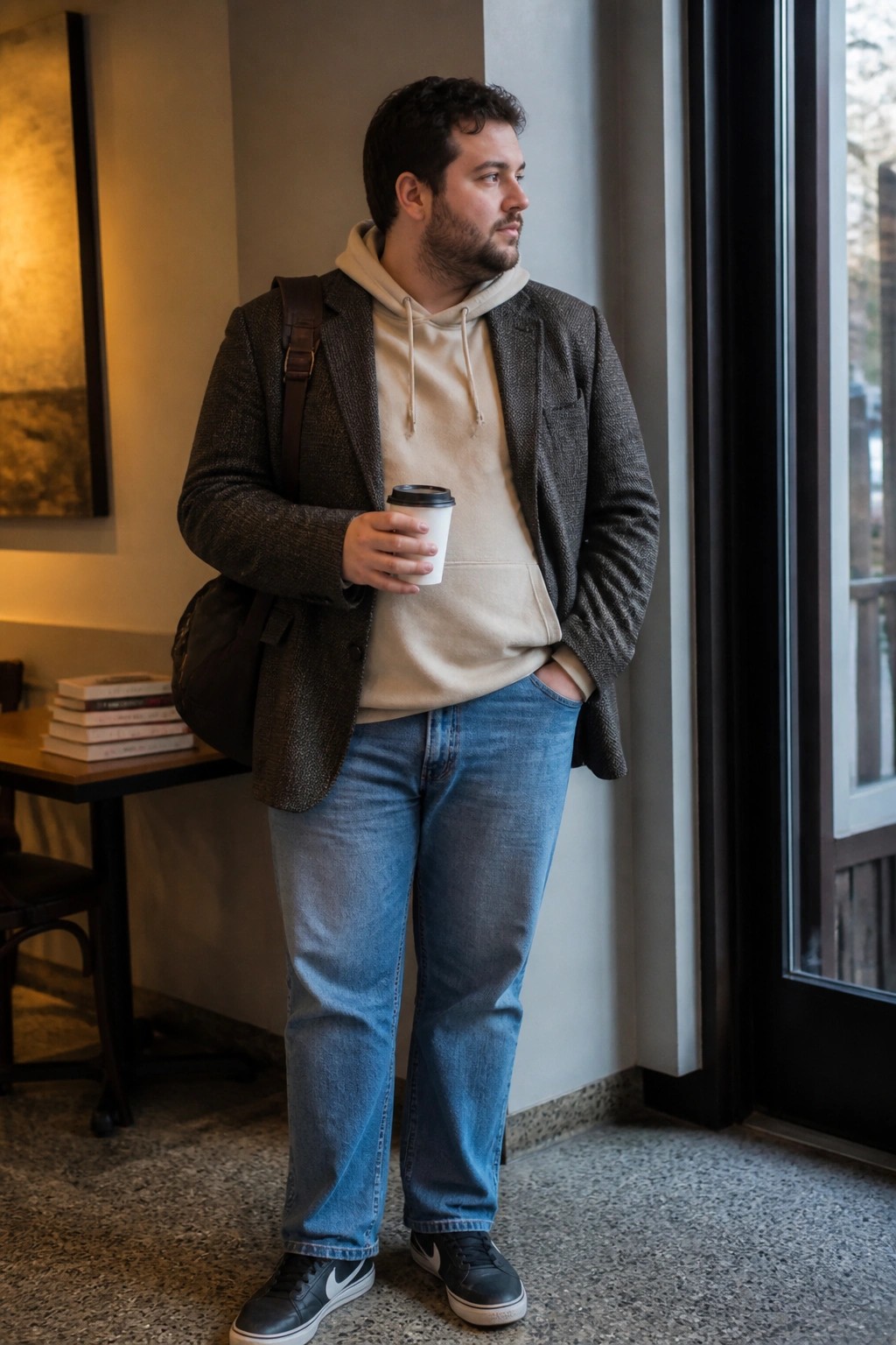 Man in brown tweed blazer over beige hoodie holding coffee by window.