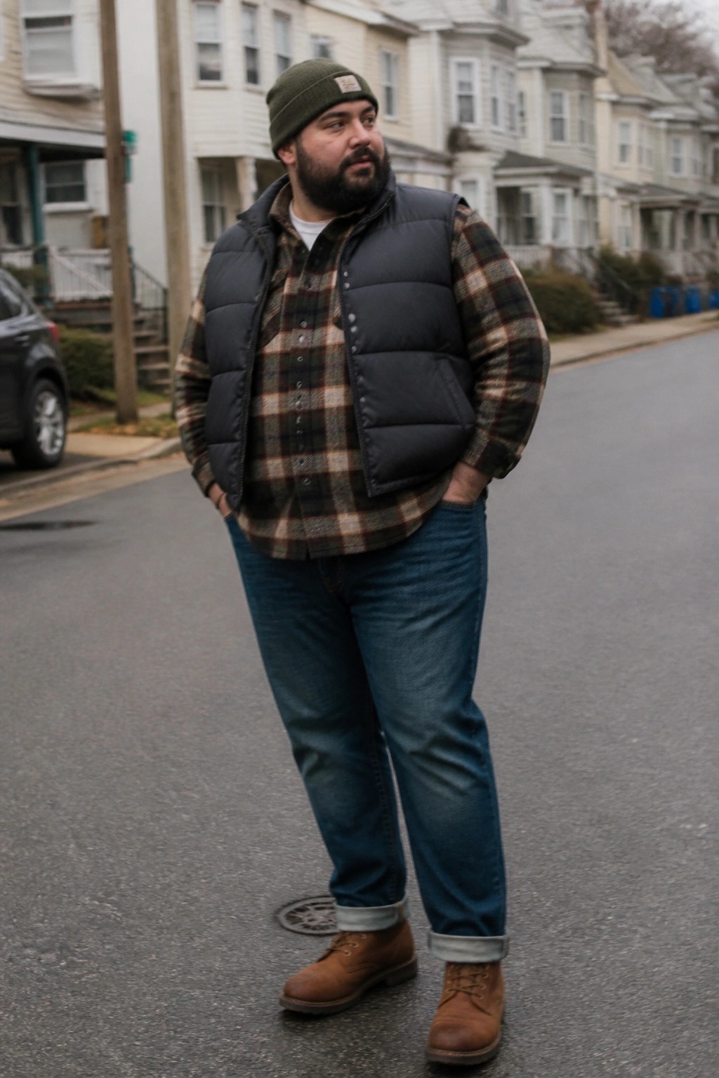 plus size man in green beanie black puffy vest brown plaid flannel shirt cuffed blue straight leg jeans and brown boots standing on street