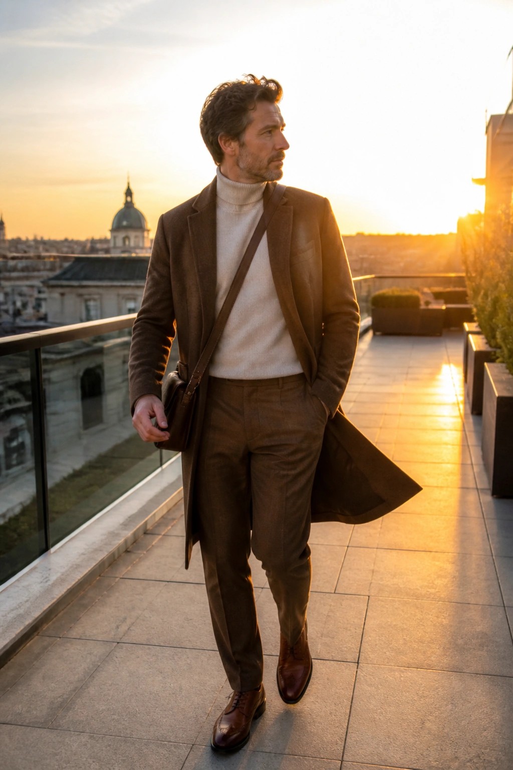 Man in brown overcoat and beige turtleneck with bag on sunset rooftop terrace