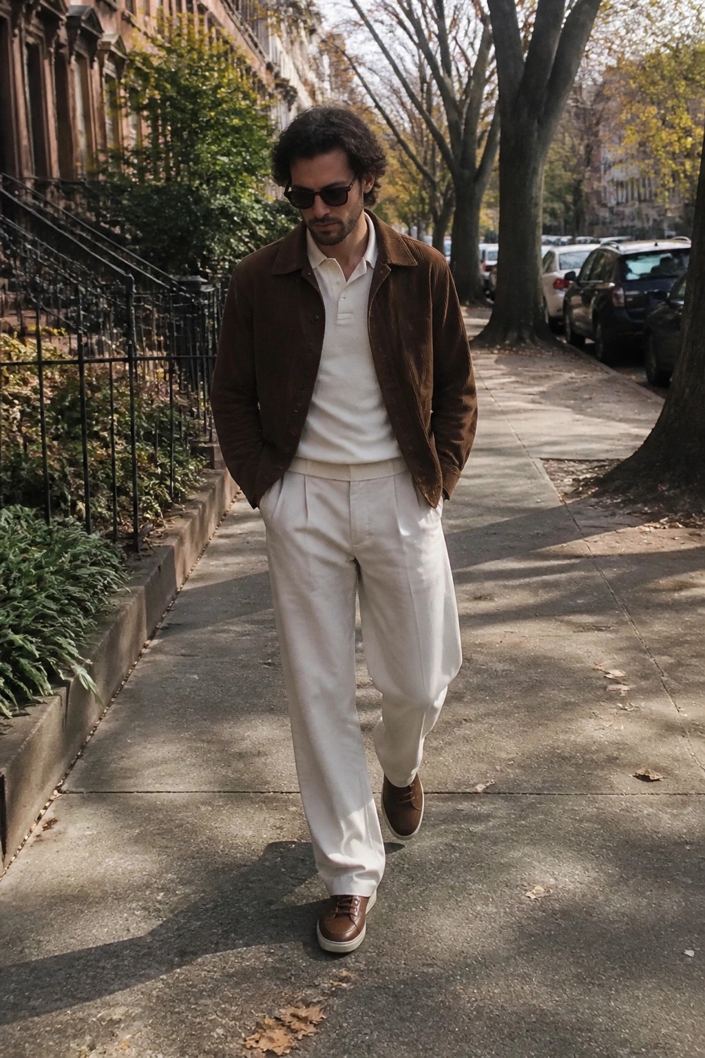 Man in brown corduroy jacket and white pants walks city sidewalk in autumn.