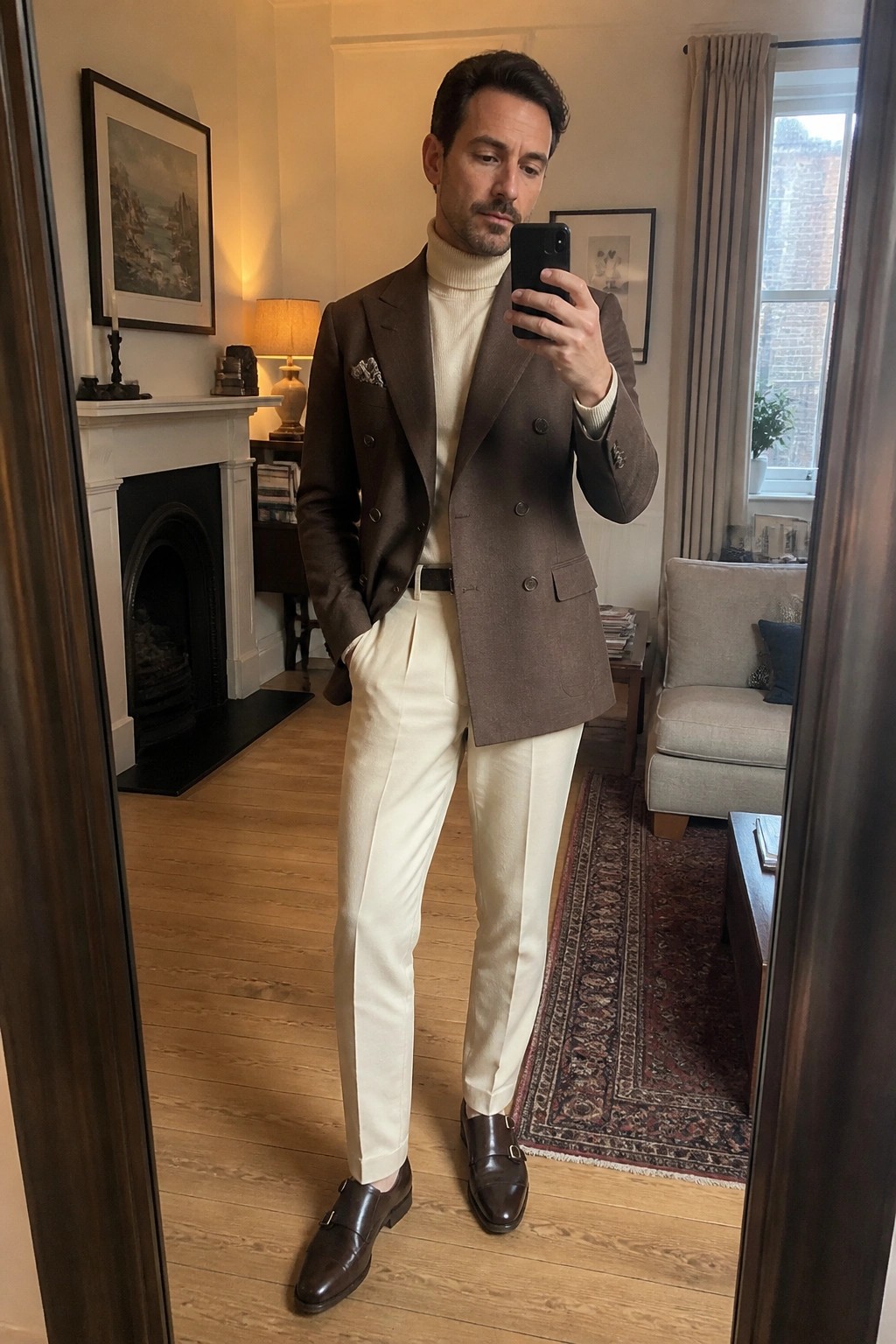 Man in brown blazer and cream turtleneck taking mirror selfie in living room