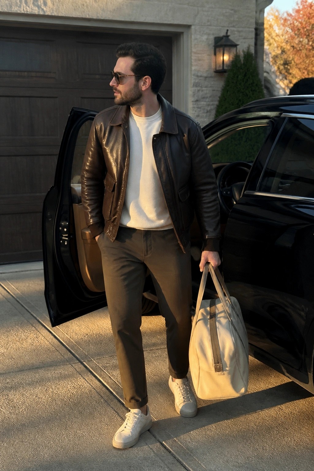 Man in brown leather jacket holding beige bag beside open black car door.