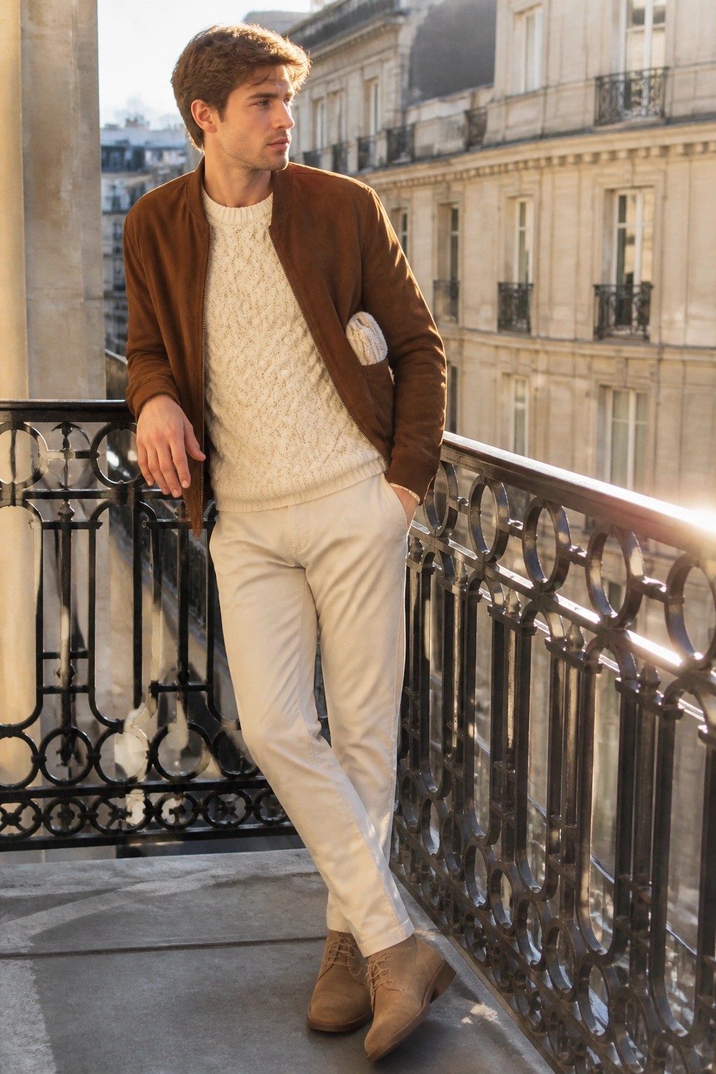 Man in brown suede jacket over cream sweater on ornate balcony railing