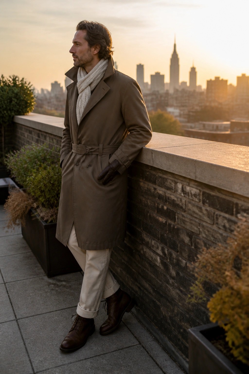 Man in brown trench coat and scarf leaning on brick wall at sunset city skyline