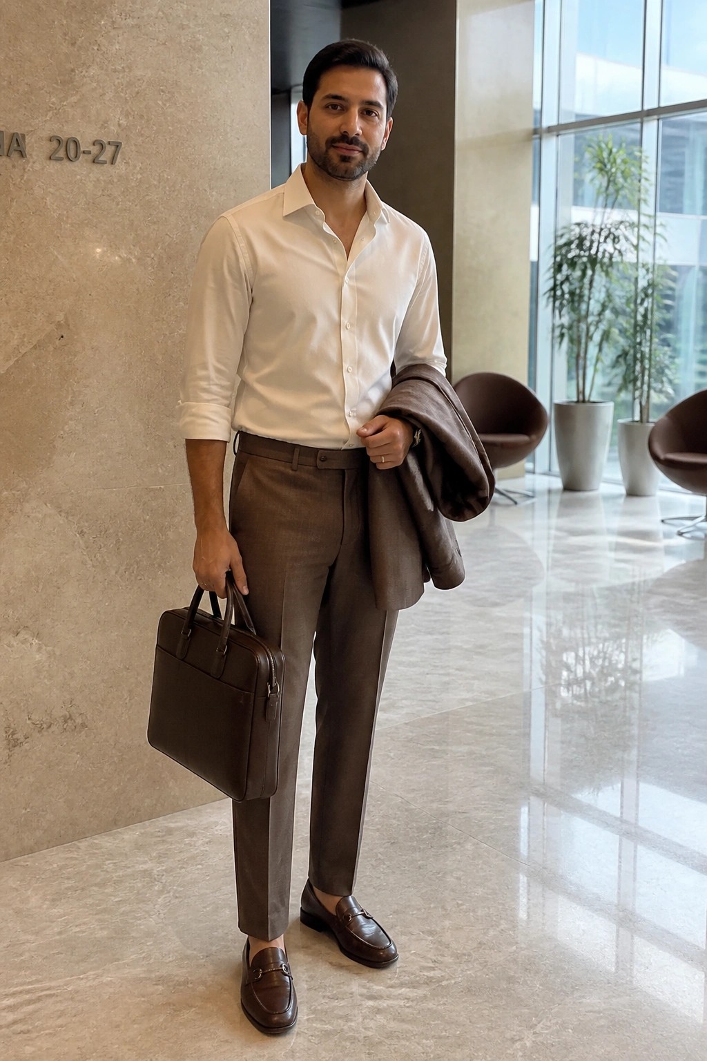 Man in white shirt and brown suit holding briefcase and jacket in modern lobby