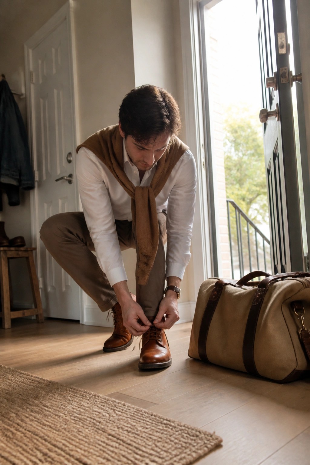 Man in white shirt and brown scarf tying brown leather shoes beside duffel bag