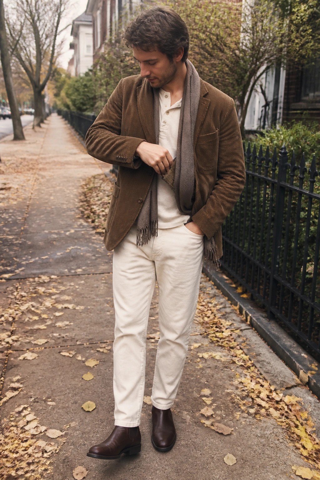 Man in brown corduroy jacket, white pants, and gray scarf on leafy autumn sidewalk