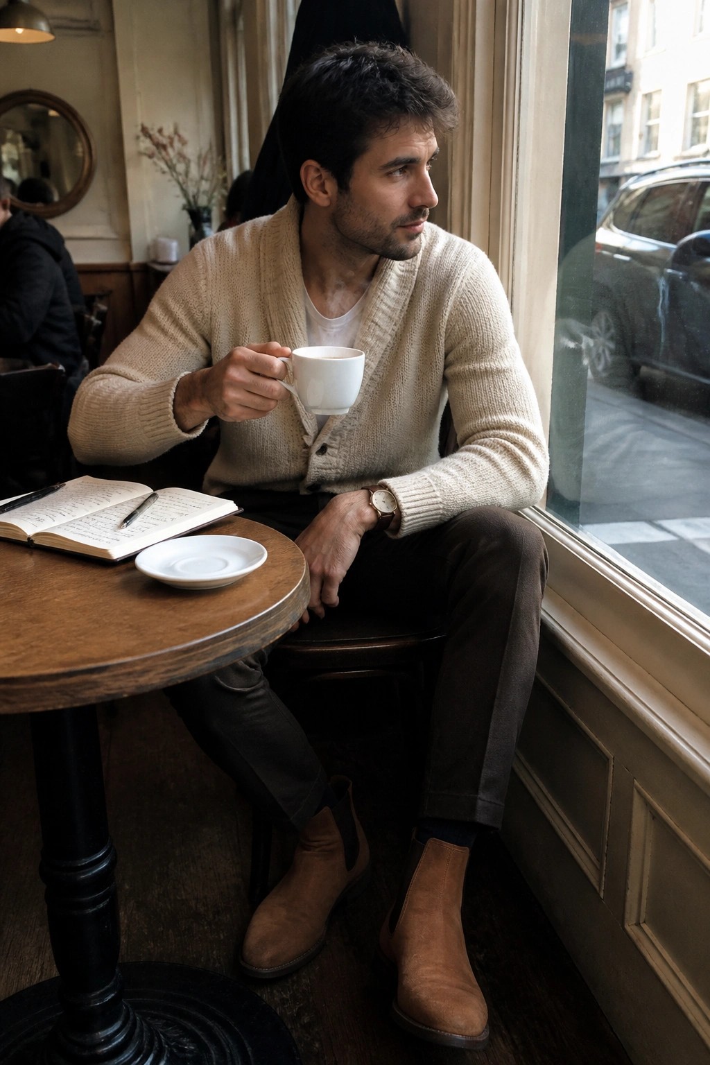 Man in beige cardigan holds coffee by window with open notebook on table