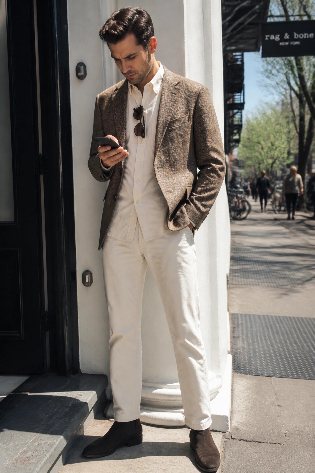Man in brown herringbone blazer and white outfit checks smartphone on sidewalk