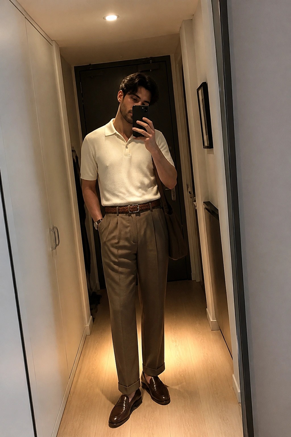 Man in white polo shirt and brown trousers takes mirror selfie in hallway.