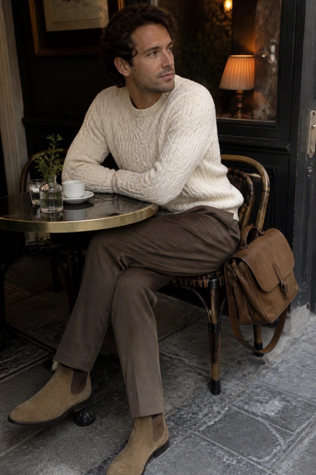 Man in cream cable-knit sweater and brown trousers with suede boots at cafe
