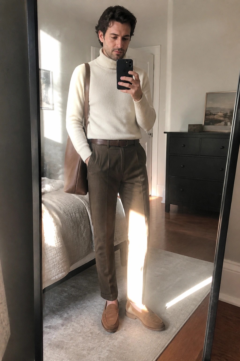 Man wearing cream turtleneck sweater, brown pleated trousers with brown belt, brown suede loafers, and carrying a brown leather tote bag in a bedroom mirror selfie.