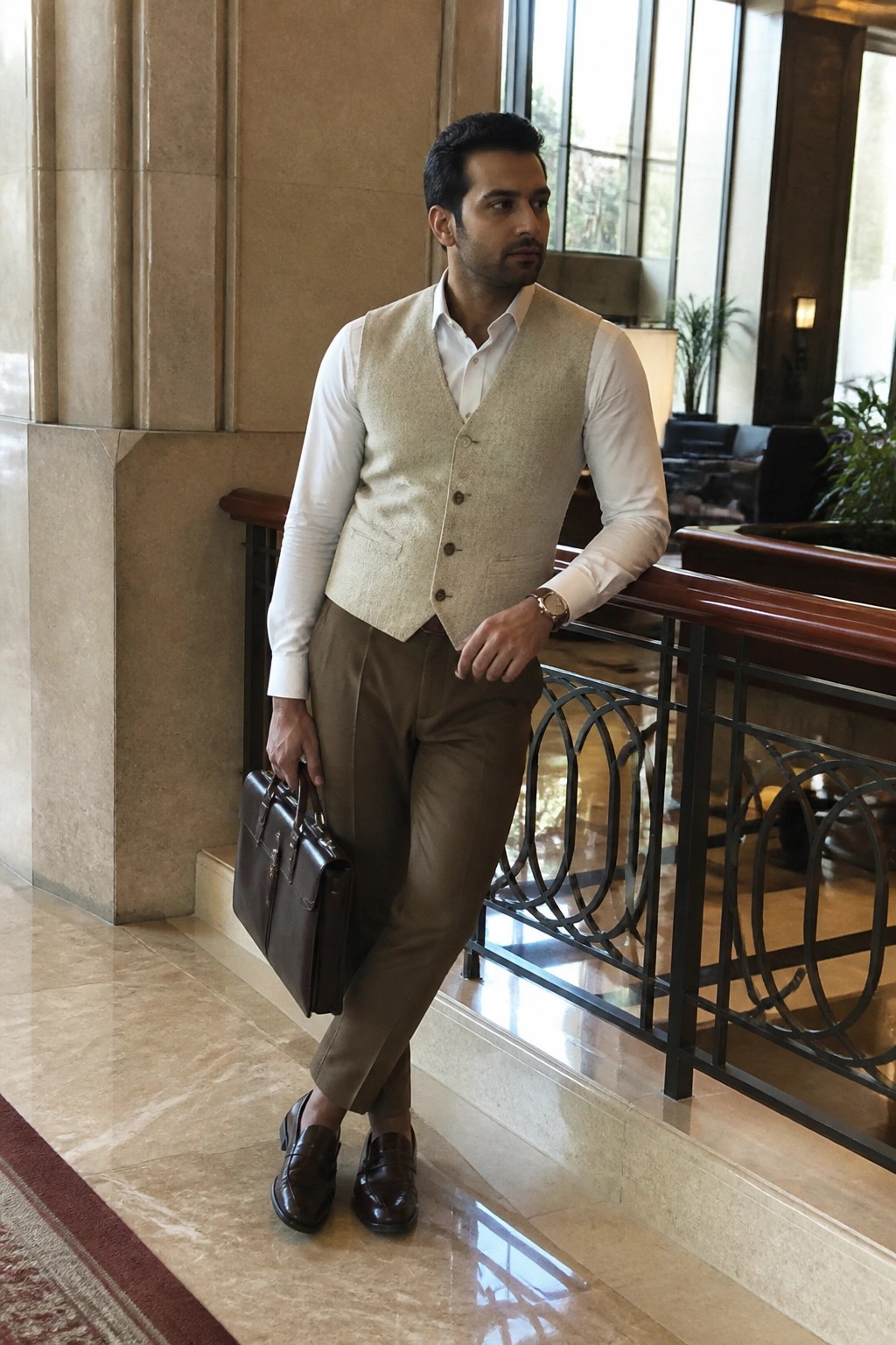 Man in beige vest, white shirt, brown pants holds leather briefcase in marble lobby.