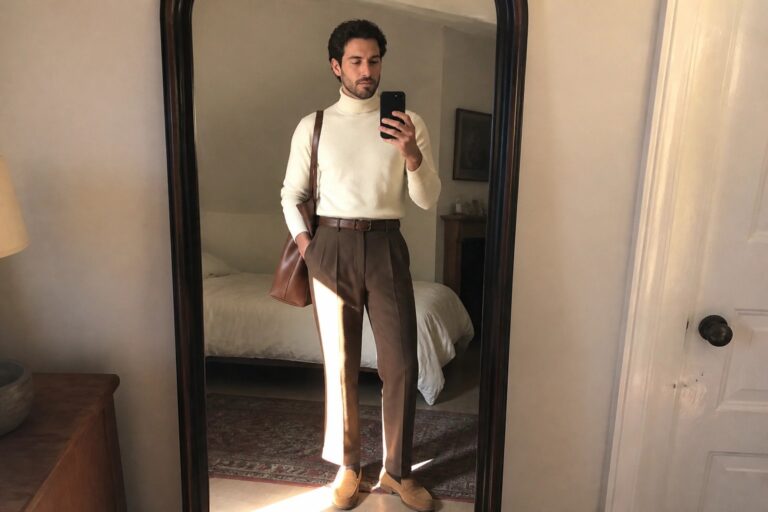 20 Classic Old Money Fall Outfits for Men in Brown and Cream Color Combinations Man wearing cream turtleneck sweater, brown pleated trousers with brown belt, brown suede loafers, and carrying a brown leather tote bag in a bedroom mirror selfie.