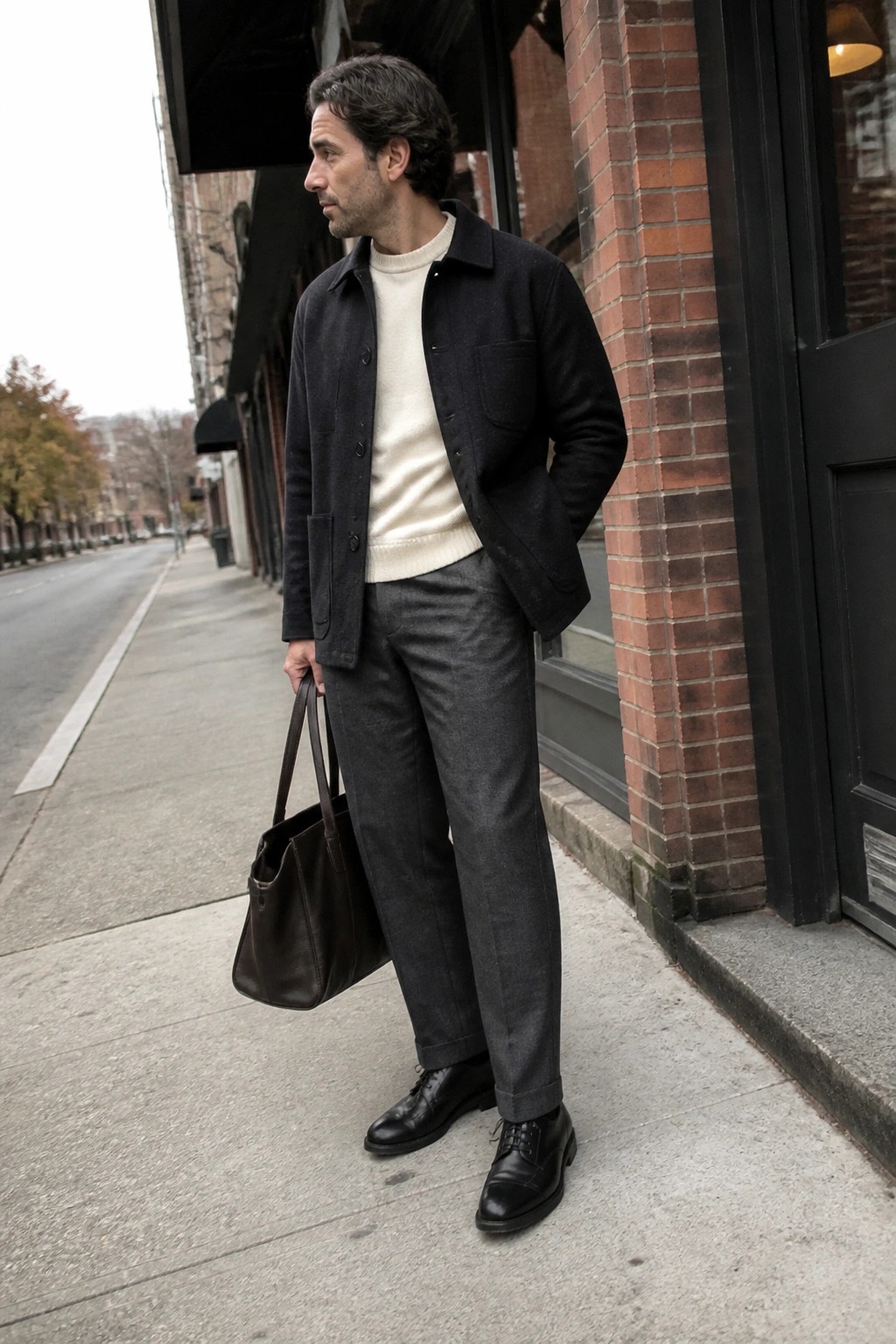 Man in dark jacket over cream sweater holding brown leather bag on sidewalk