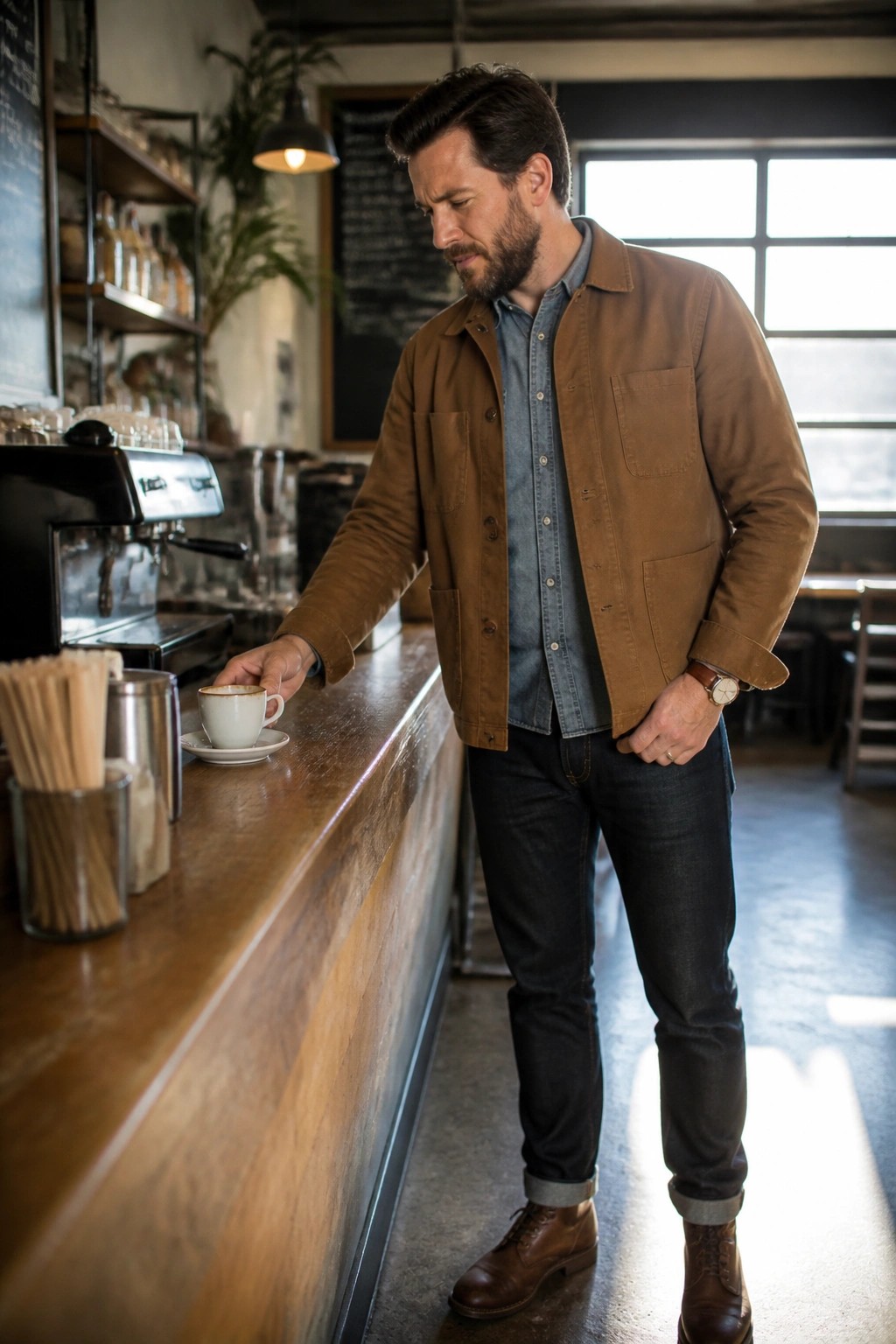 Bearded man in brown jacket reaches for coffee cup at wooden cafe counter