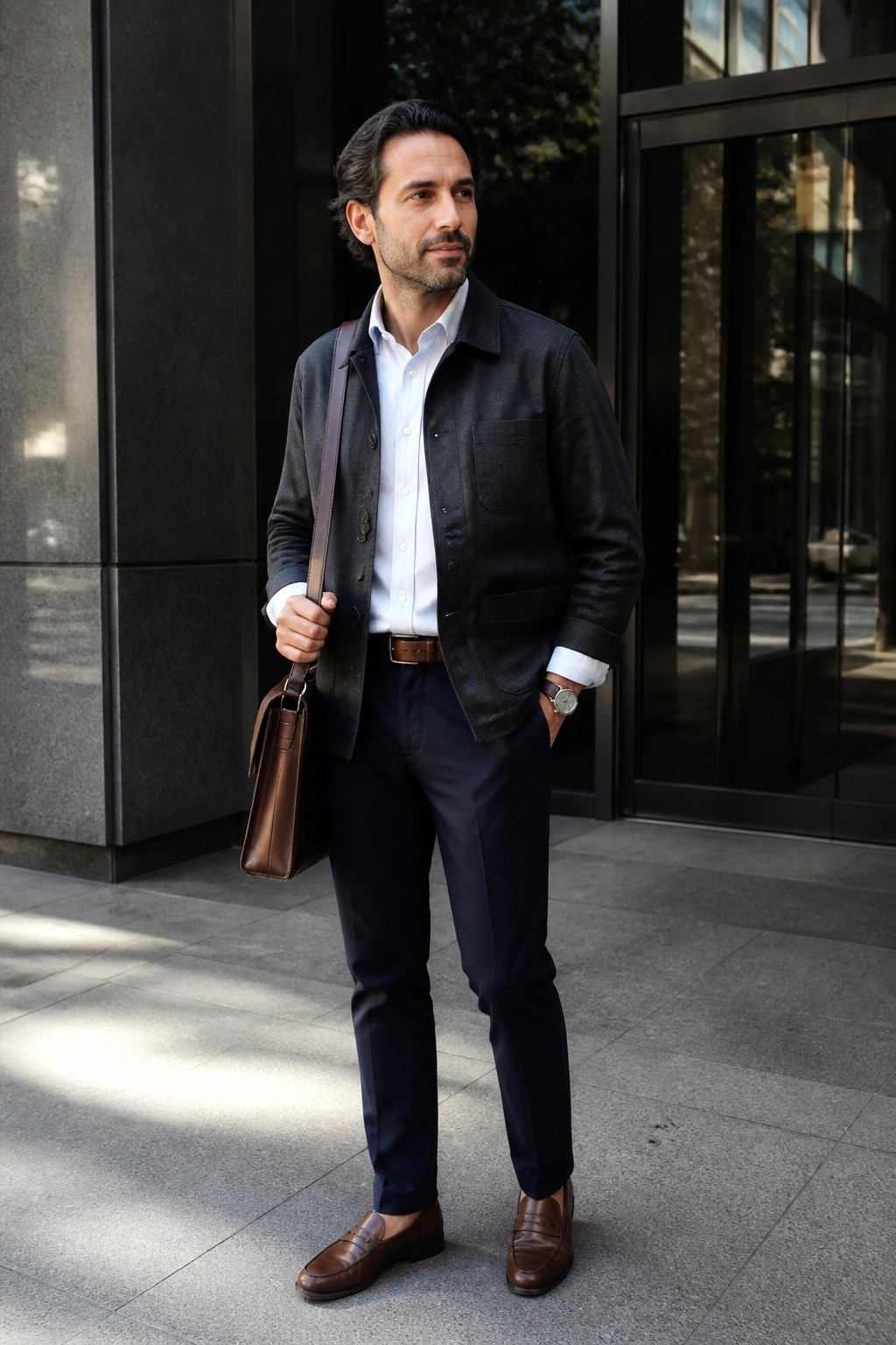 Man in dark gray jacket over white shirt with navy pants and brown leather bag