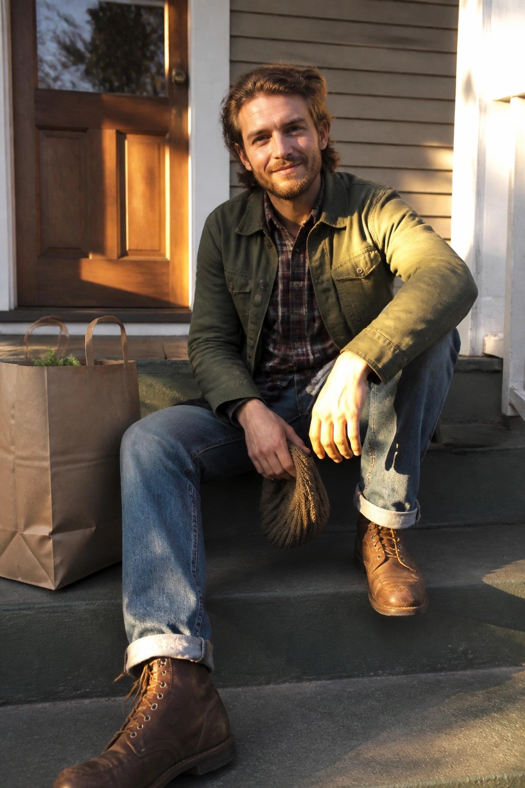 Man in green jacket holds knitted hat on porch steps beside paper bag