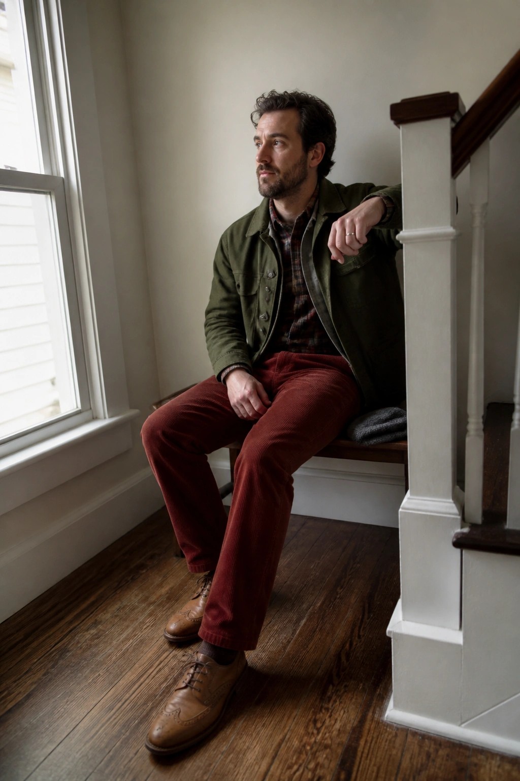Man in green jacket and red corduroy pants seated on wooden staircase by window