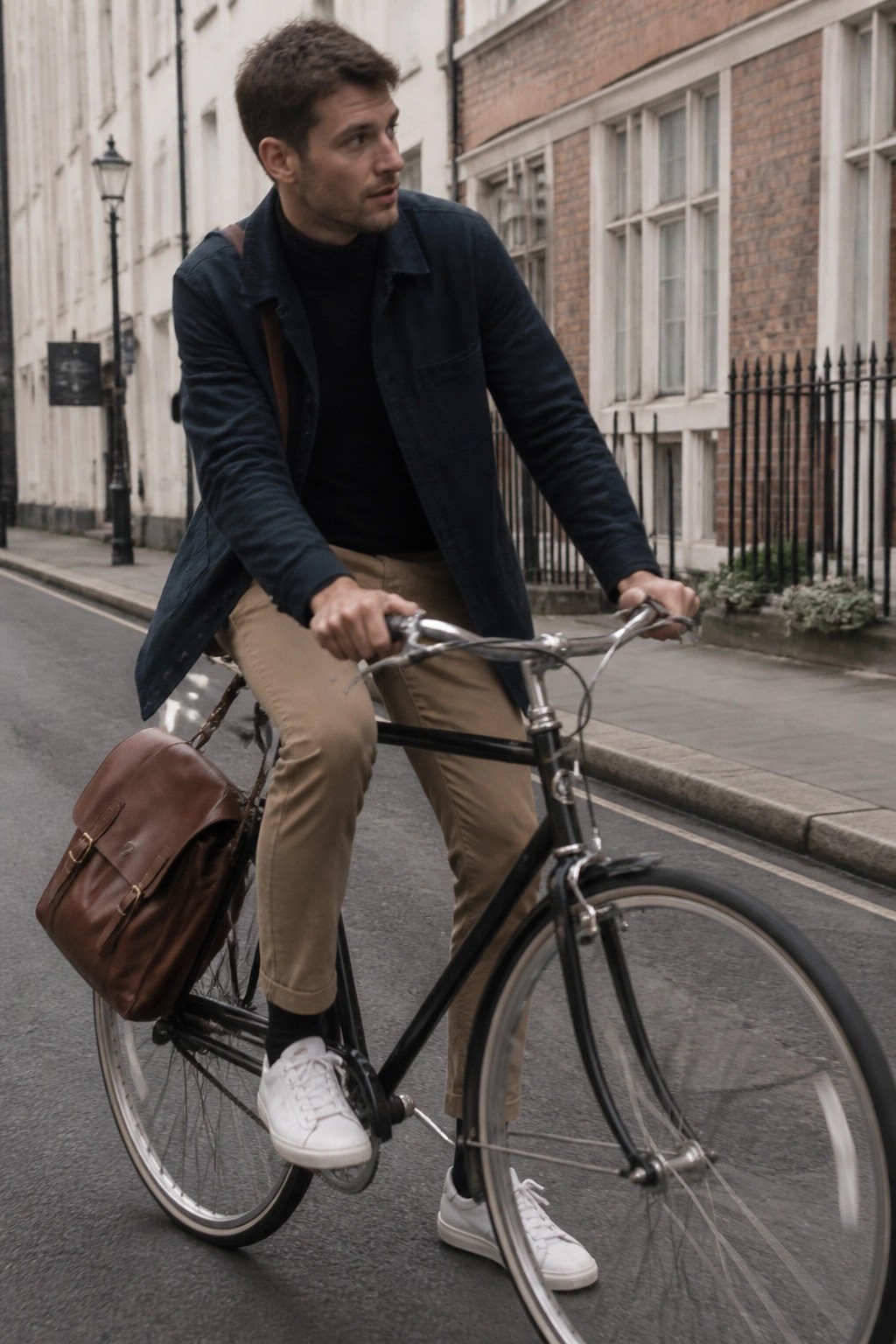 Man in navy jacket and khaki pants riding black bicycle with brown leather bag