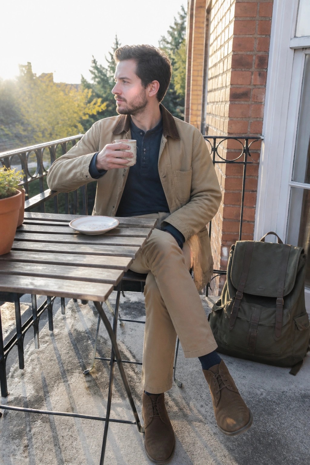 Man in tan jacket holding mug on sunny balcony beside green backpack and wooden table
