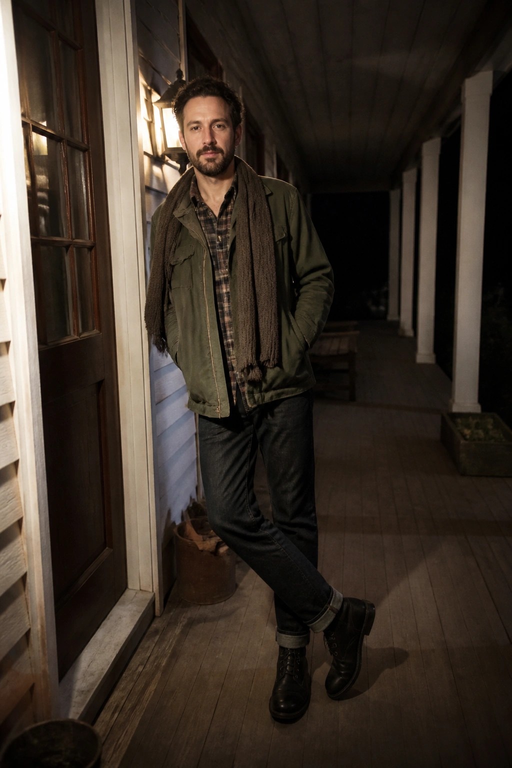 Bearded man in green jacket and scarf stands on wooden porch at night