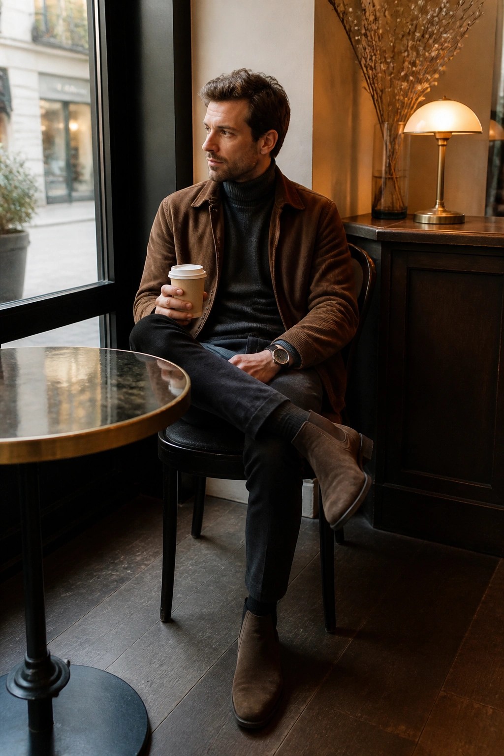 Man in brown corduroy jacket holding paper coffee cup in stylish cafe