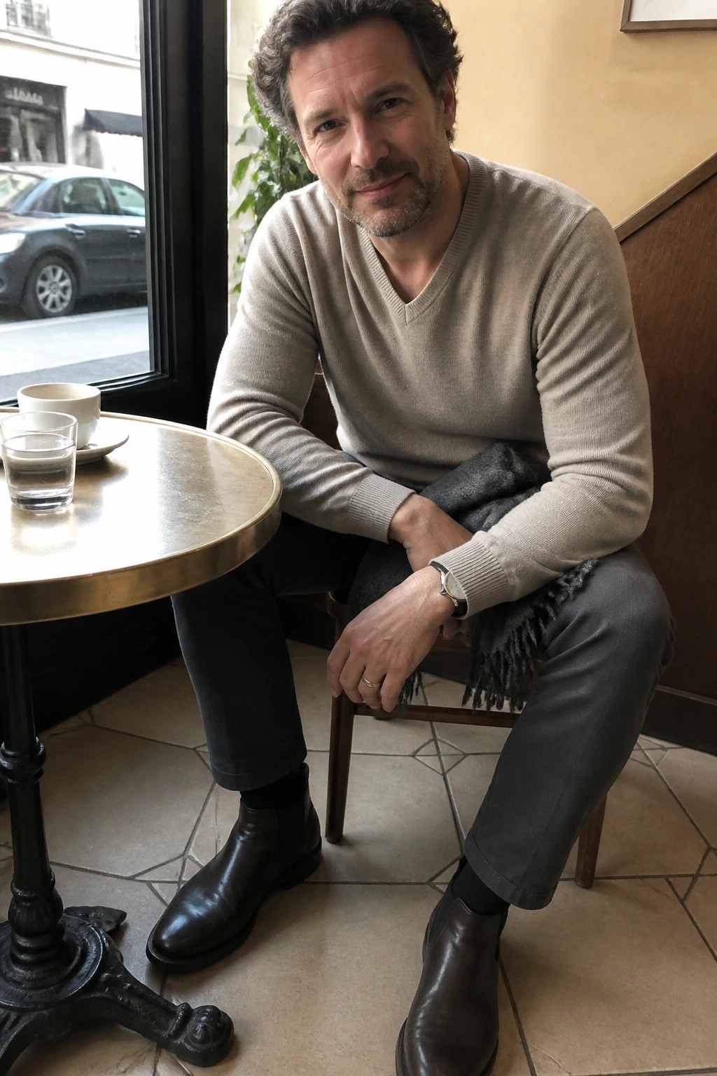 Man in beige V-neck sweater and gray pants at cafe table by window
