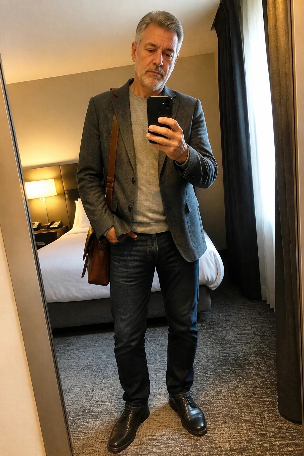 Gray-haired man in blazer and jeans takes mirror selfie in hotel room with leather bag