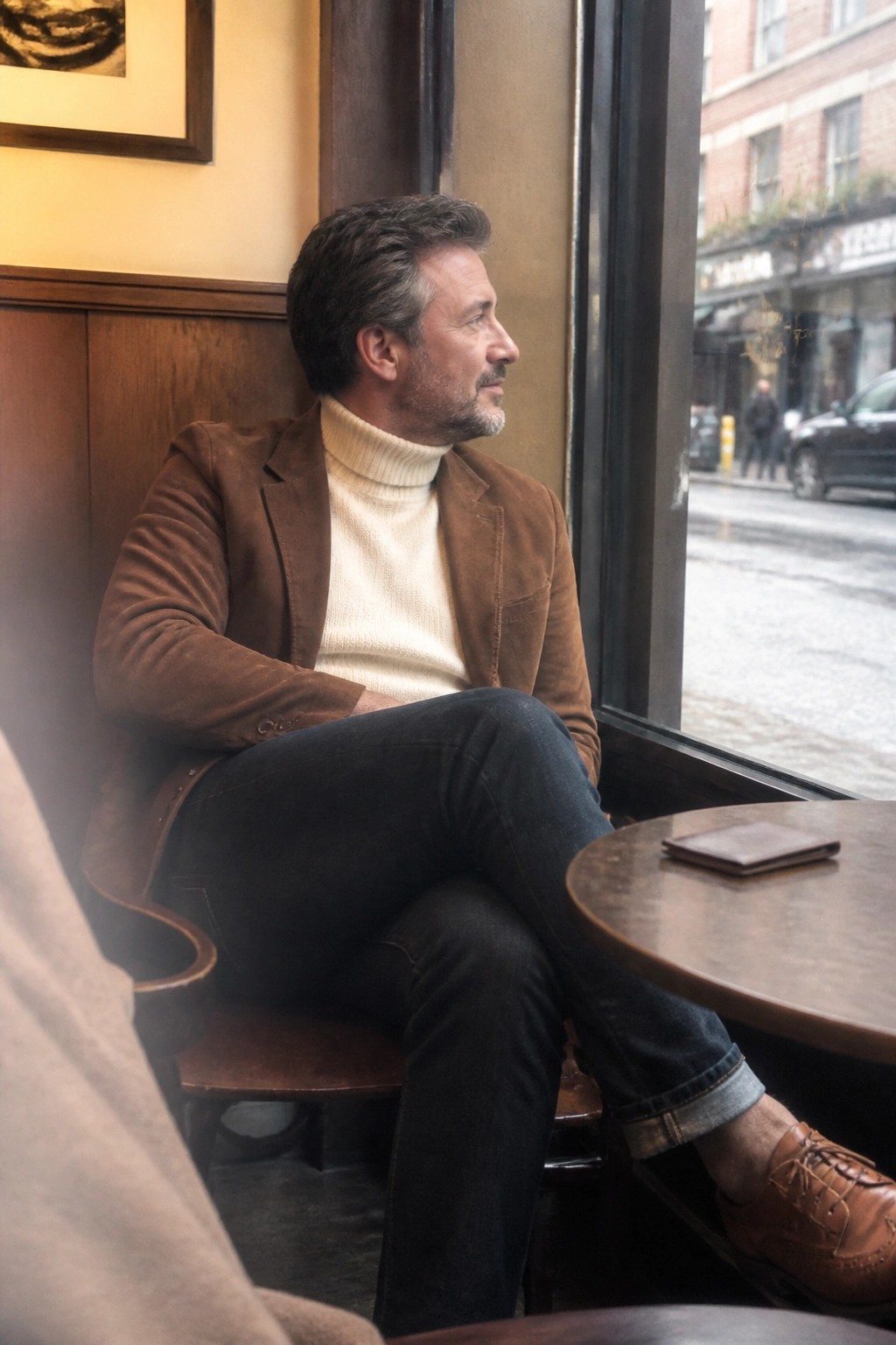 Man in brown suede jacket and cream turtleneck gazes out rainy cafe window