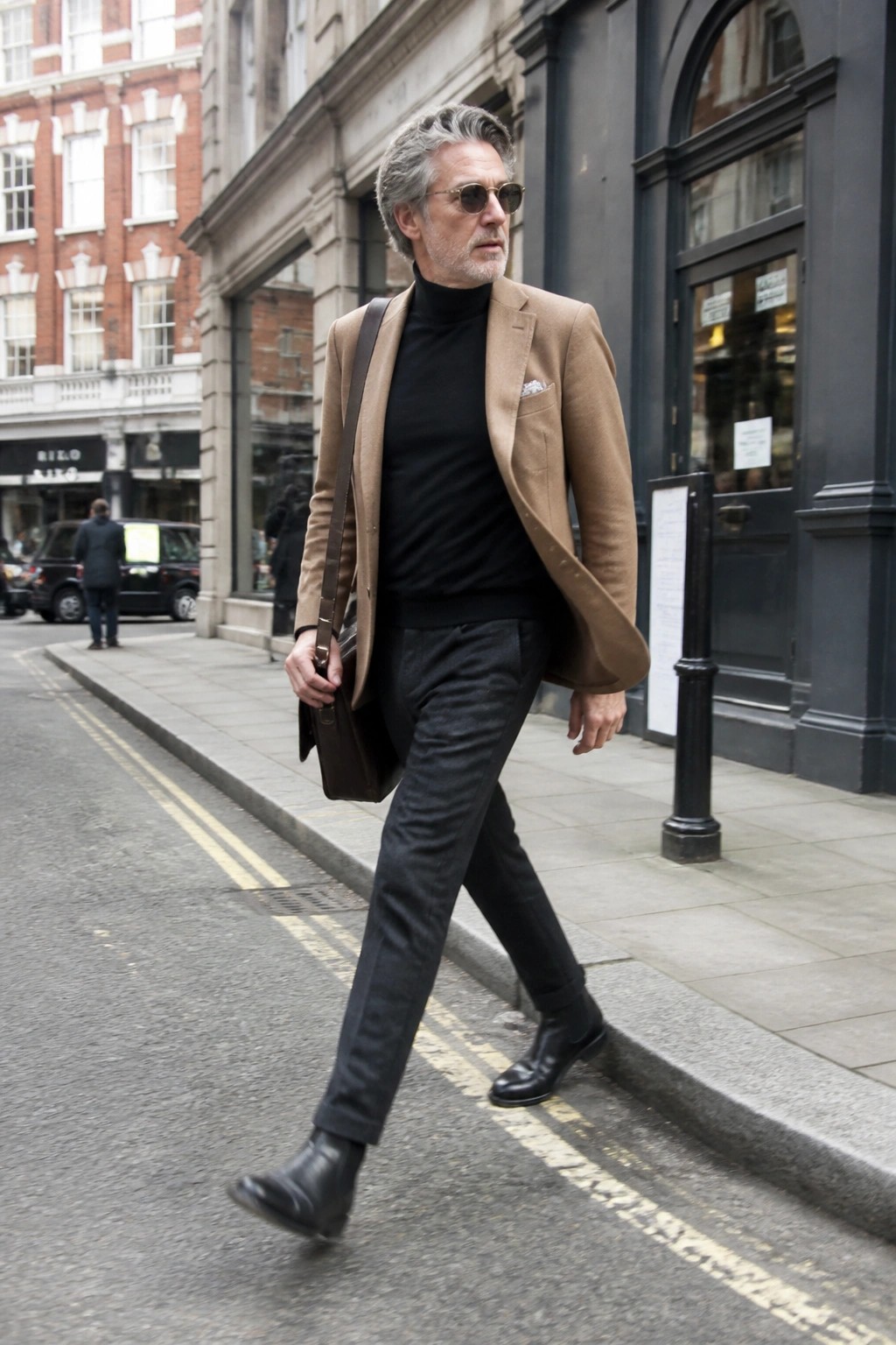 Man in tan blazer over black turtleneck walking on city sidewalk with leather bag