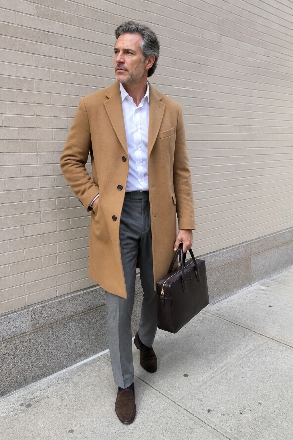 Man in camel overcoat and gray trousers holds brown briefcase on city sidewalk