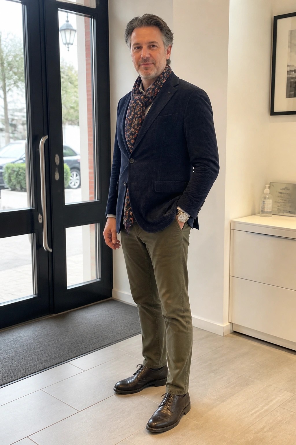 Man in navy corduroy blazer, patterned scarf, olive pants standing indoors