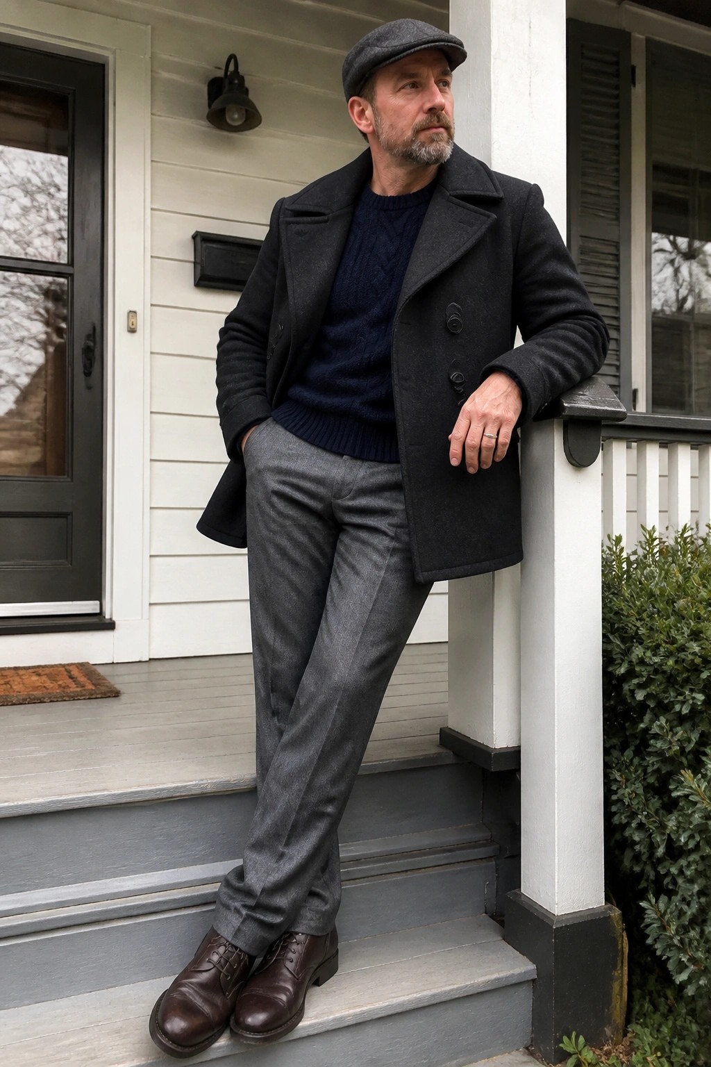 Man in flat cap, peacoat, and gray trousers leaning on porch post