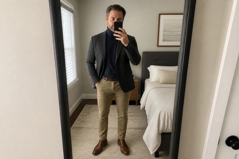 Man in gray blazer over navy turtleneck with khaki pants taking mirror selfie