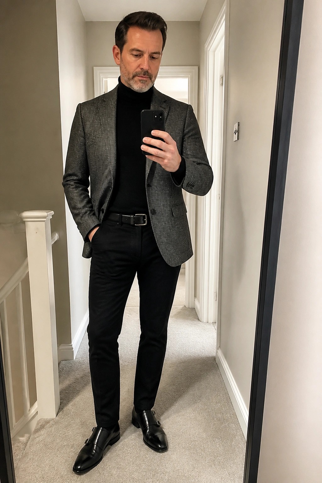 Man in gray patterned blazer and black turtleneck taking mirror selfie in hallway
