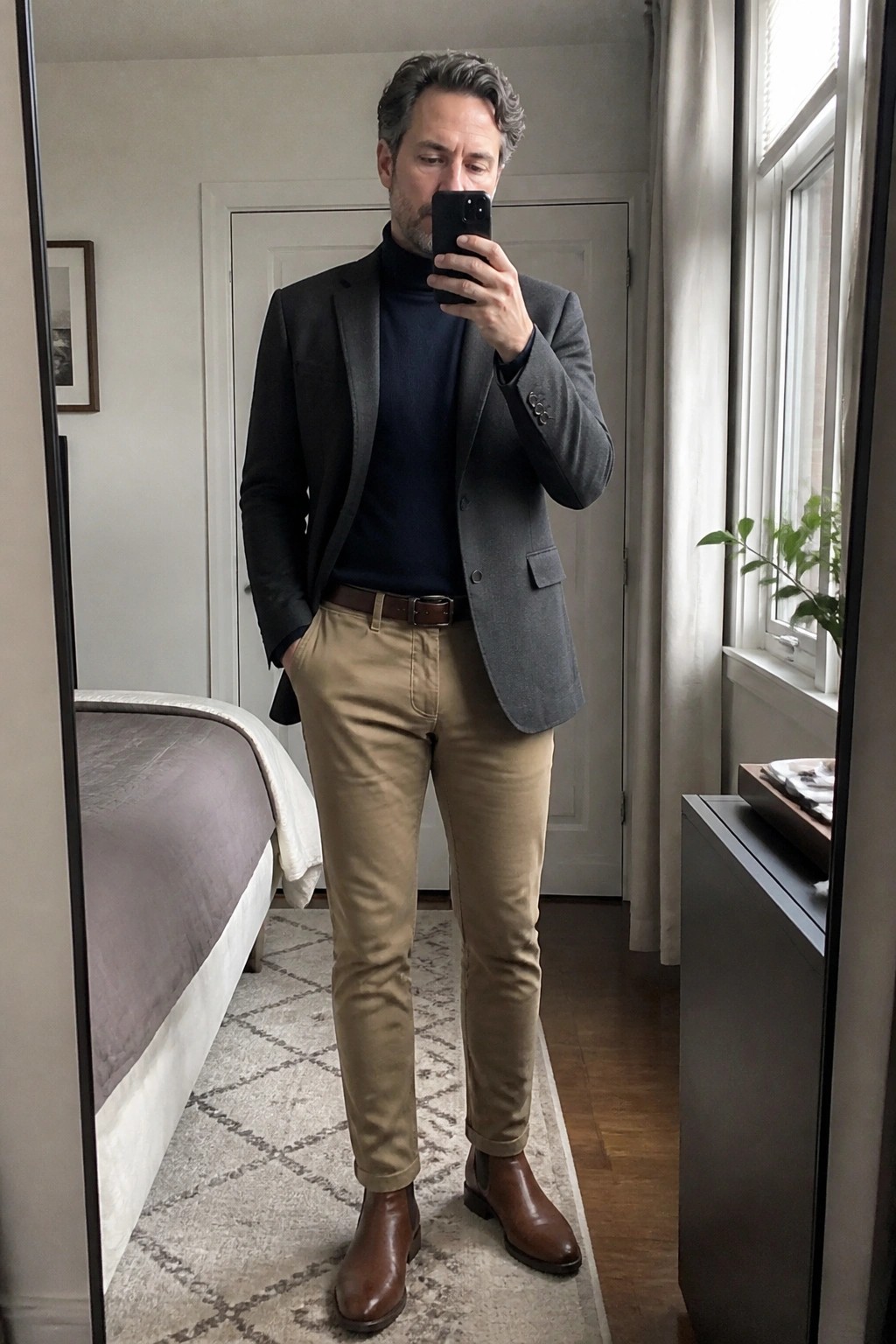 Man in gray blazer over navy turtleneck with khaki pants taking mirror selfie