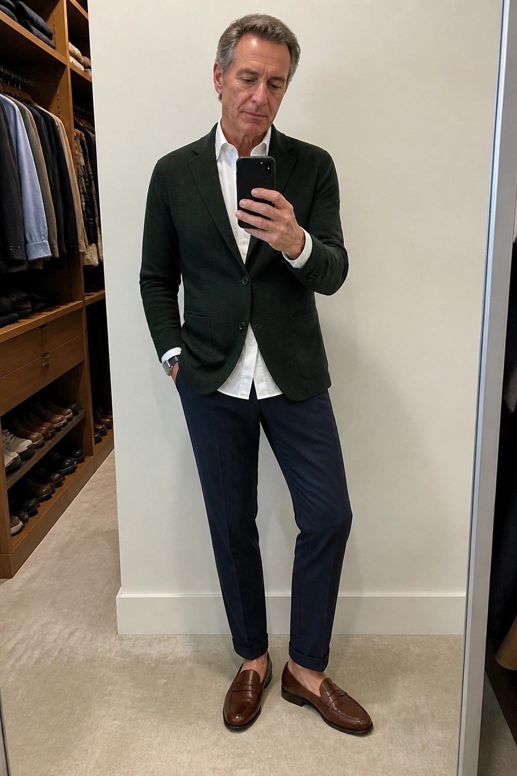 Man in green blazer, white shirt, and navy pants taking mirror selfie in closet