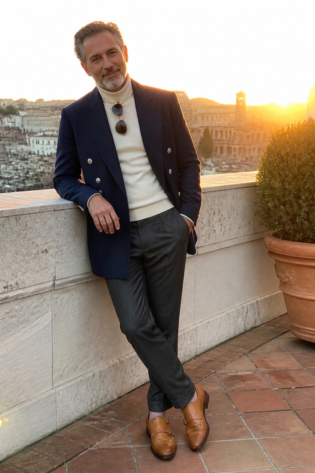 Man in navy blazer and white turtleneck leaning on stone balcony overlooking Rome at sunset