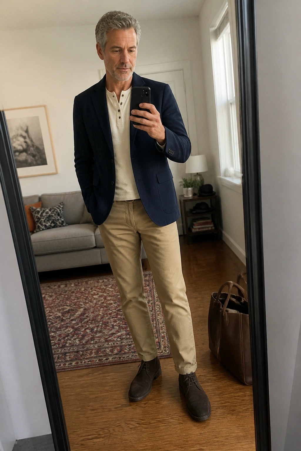 Man in navy blazer, cream henley, khaki pants, and suede boots taking mirror selfie.