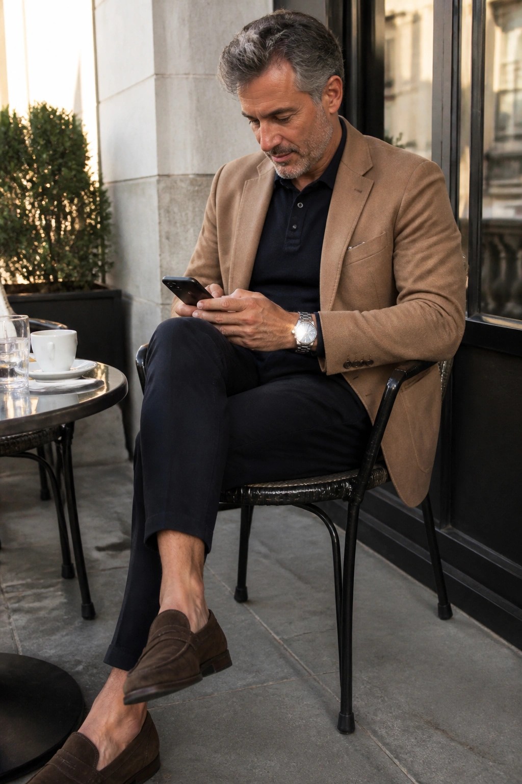 Man in tan blazer views smartphone at outdoor cafe table with coffee