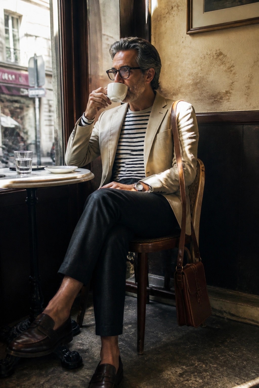 Man in beige blazer sips coffee by cafe window wearing striped shirt